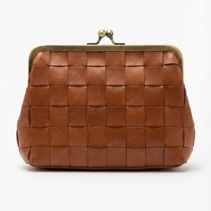 Margot New York Cognac Leather Clutch Kiss Lock Basketweave Brass Hardware